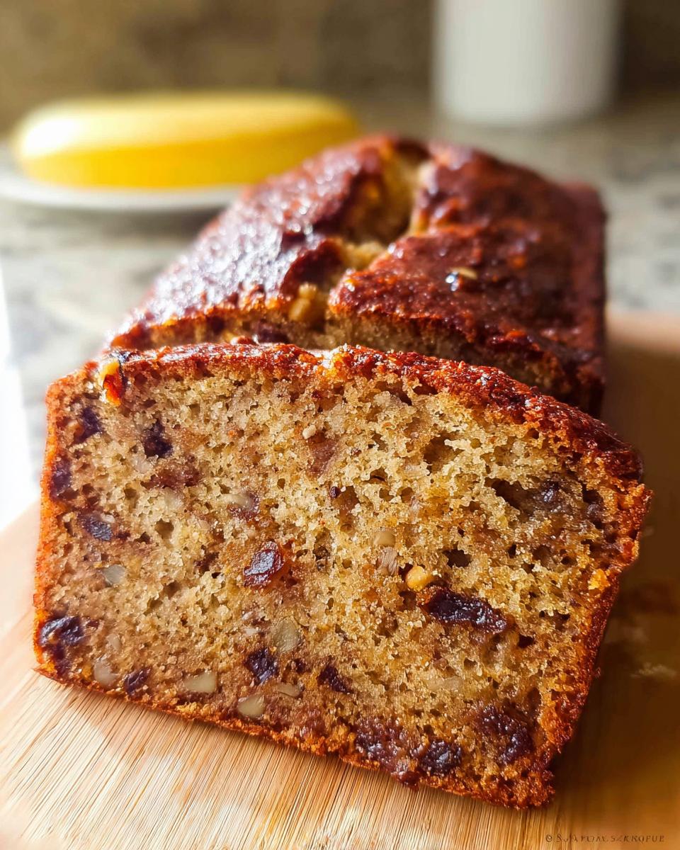 Close-up of a moist slice of Best Ever Banana Bread showing nuts and raisins baked inside.
