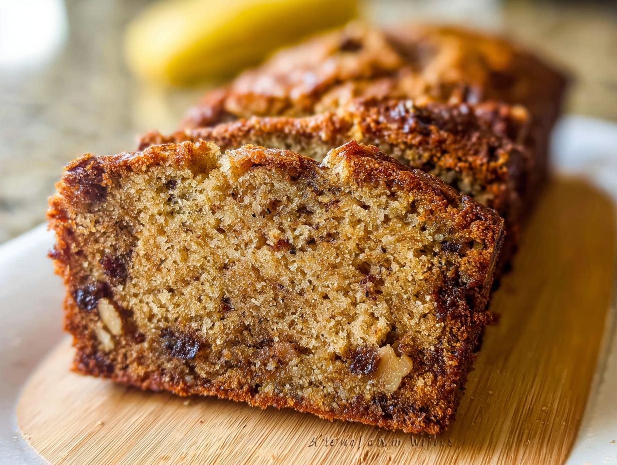 Close-up of a moist slice of Best Ever Banana Bread showing nuts and a rich brown crumb.