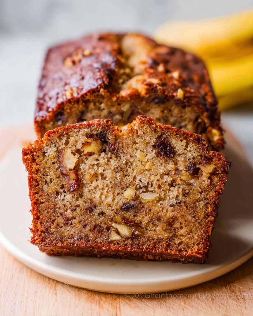 Close-up of a thick slice of moist Best Ever Banana Bread showing walnuts and raisins inside.