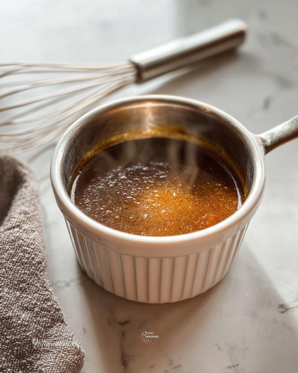 Close-up of rich, steaming homemade Au Jus Recipe in a small white ramekin on a marble surface with a whisk nearby.