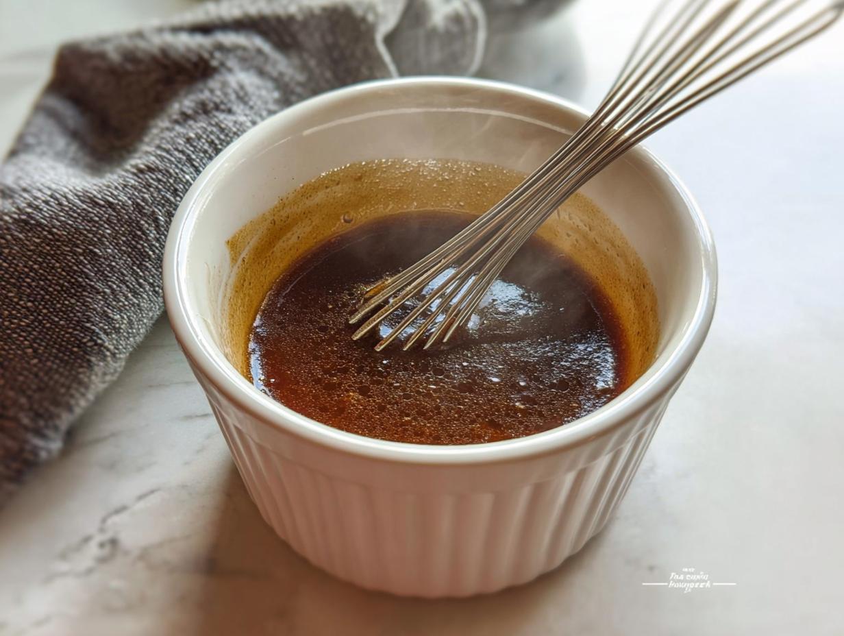 Close-up of rich brown liquid being whisked in a white ramekin for the Best Homemade Au Jus Recipe.