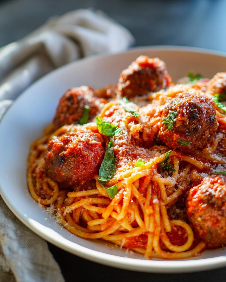 Close-up of a white bowl filled with The Best Italian Spaghetti and Meatballs, topped with Parmesan and basil.