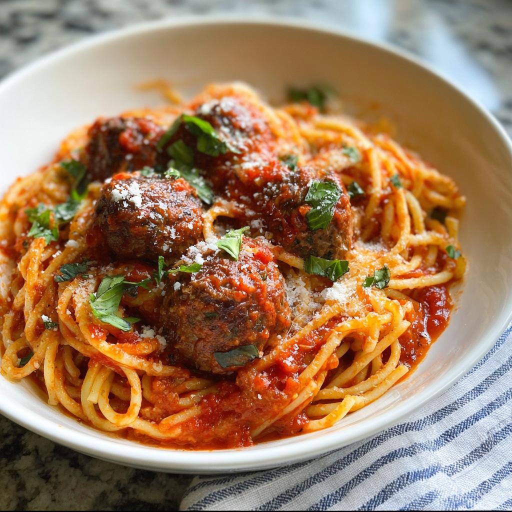 Close-up of a white bowl filled with The Best Italian Spaghetti and Meatballs, topped with Parmesan and fresh basil.
