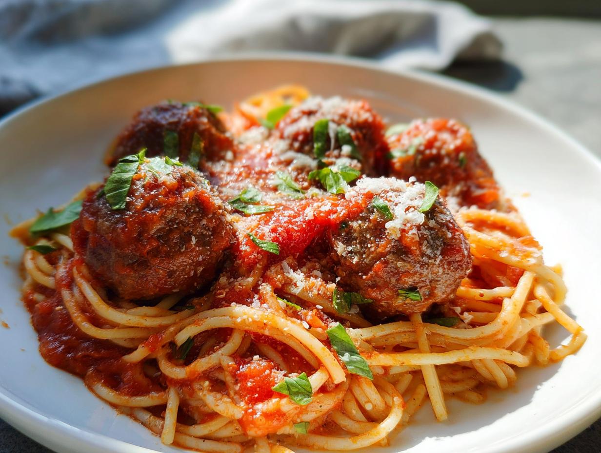 Close-up of a white bowl filled with The Best Italian Spaghetti and Meatballs, topped with sauce, cheese, and basil.