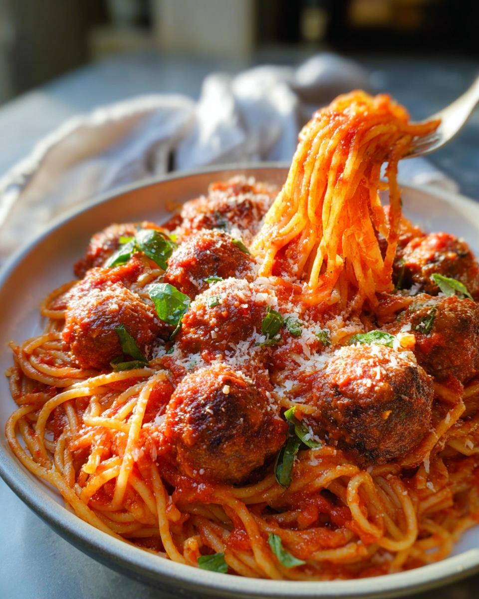 A fork lifting saucy spaghetti noodles from a bowl of The Best Italian Spaghetti and Meatballs, topped with cheese.