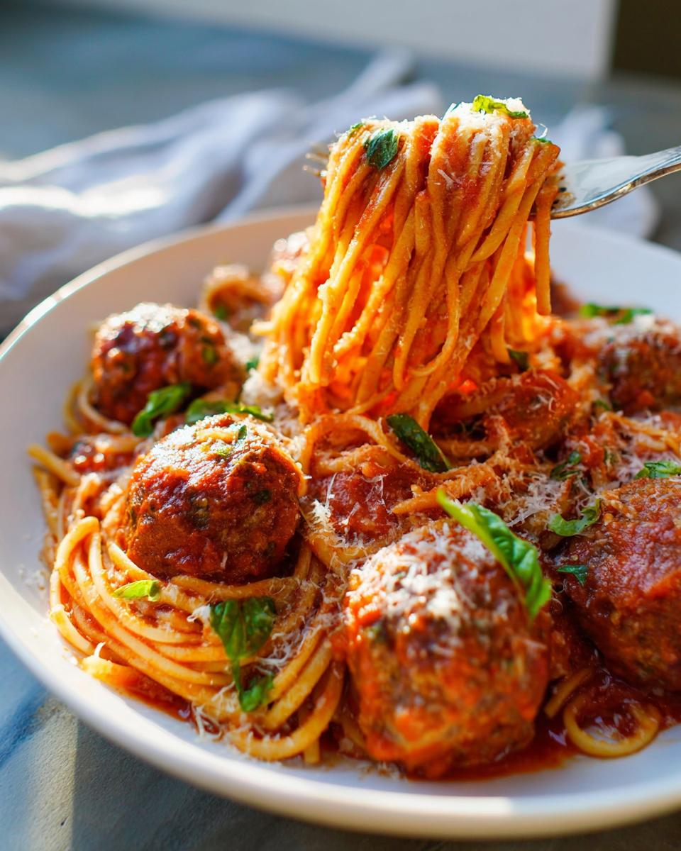 A fork lifting saucy spaghetti noodles above a bowl of The Best Italian Spaghetti and Meatballs, topped with Parmesan.