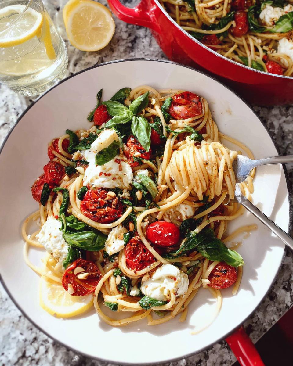 A close-up of a white bowl filled with spaghetti, cherry tomatoes, fresh mozzarella, and basil, part of the Best Pasta Recipes 2025.