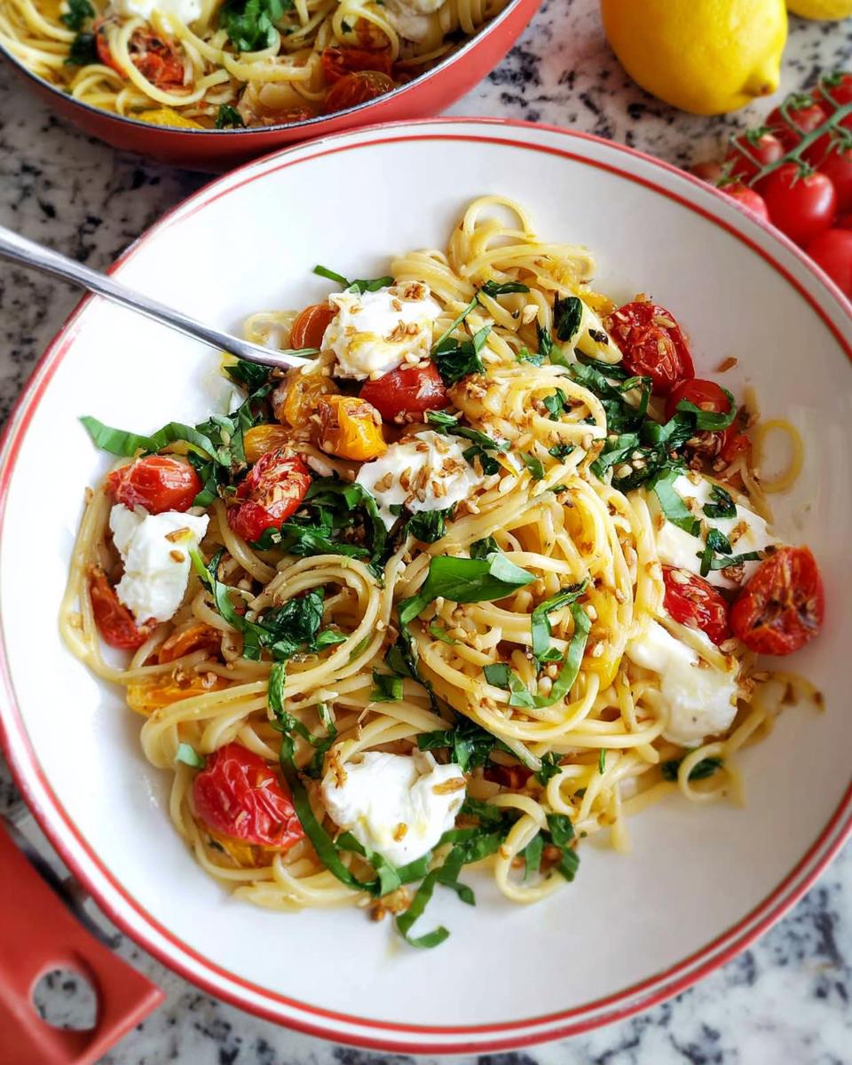 Close-up of linguine pasta with burst cherry tomatoes, fresh mozzarella, and basil, part of the Best Pasta Recipes 2025.