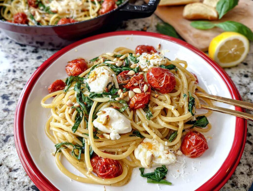A close-up of a plate of spaghetti pasta with roasted cherry tomatoes, fresh mozzarella, spinach, and pine nuts, part of the Best Pasta Recipes 2025.