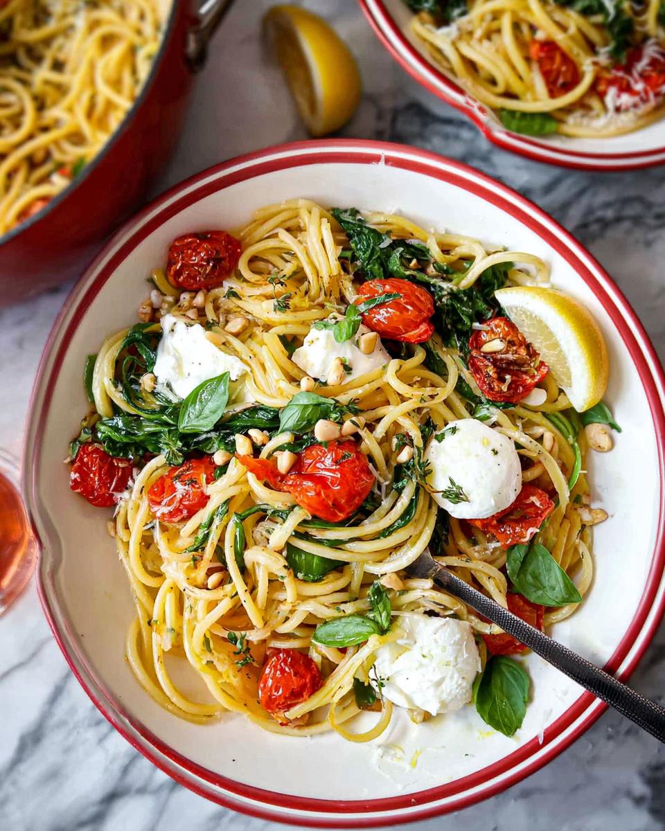 A close-up of a bowl of spaghetti with roasted cherry tomatoes, fresh basil, mozzarella balls, and pine nuts, part of the best pasta recipes 2025.