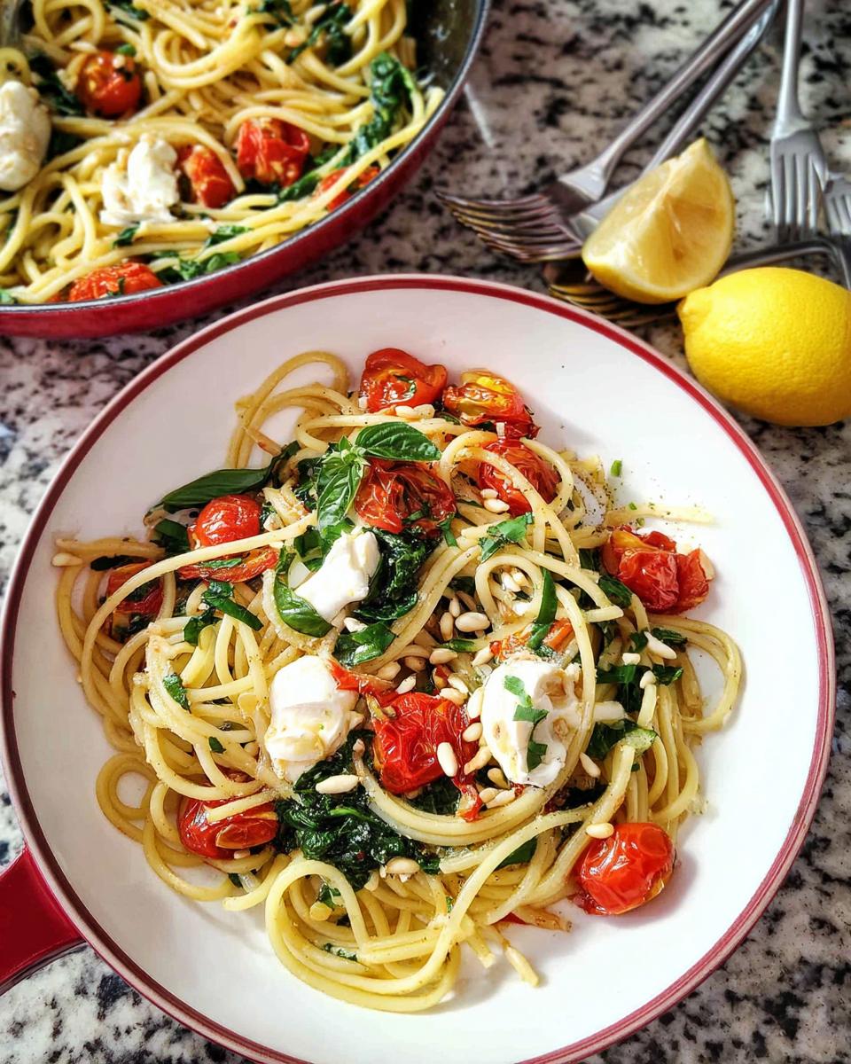 Close-up of spaghetti with roasted cherry tomatoes, fresh basil, mozzarella balls, and pine nuts, part of the Best Pasta Recipes 2025 collection.