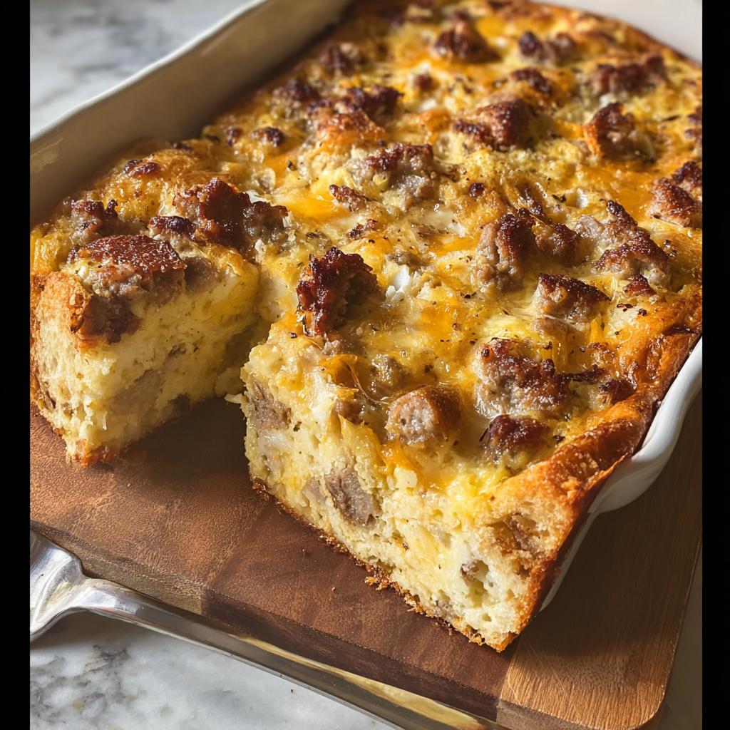 A freshly baked Best Sausage Egg Breakfast Casserole with browned sausage pieces and melted cheese in a white baking dish.