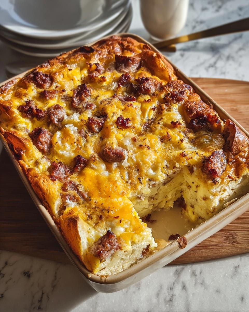 A freshly baked Best Sausage Egg Breakfast Casserole in a baking dish with one slice removed, showing the fluffy egg layers.