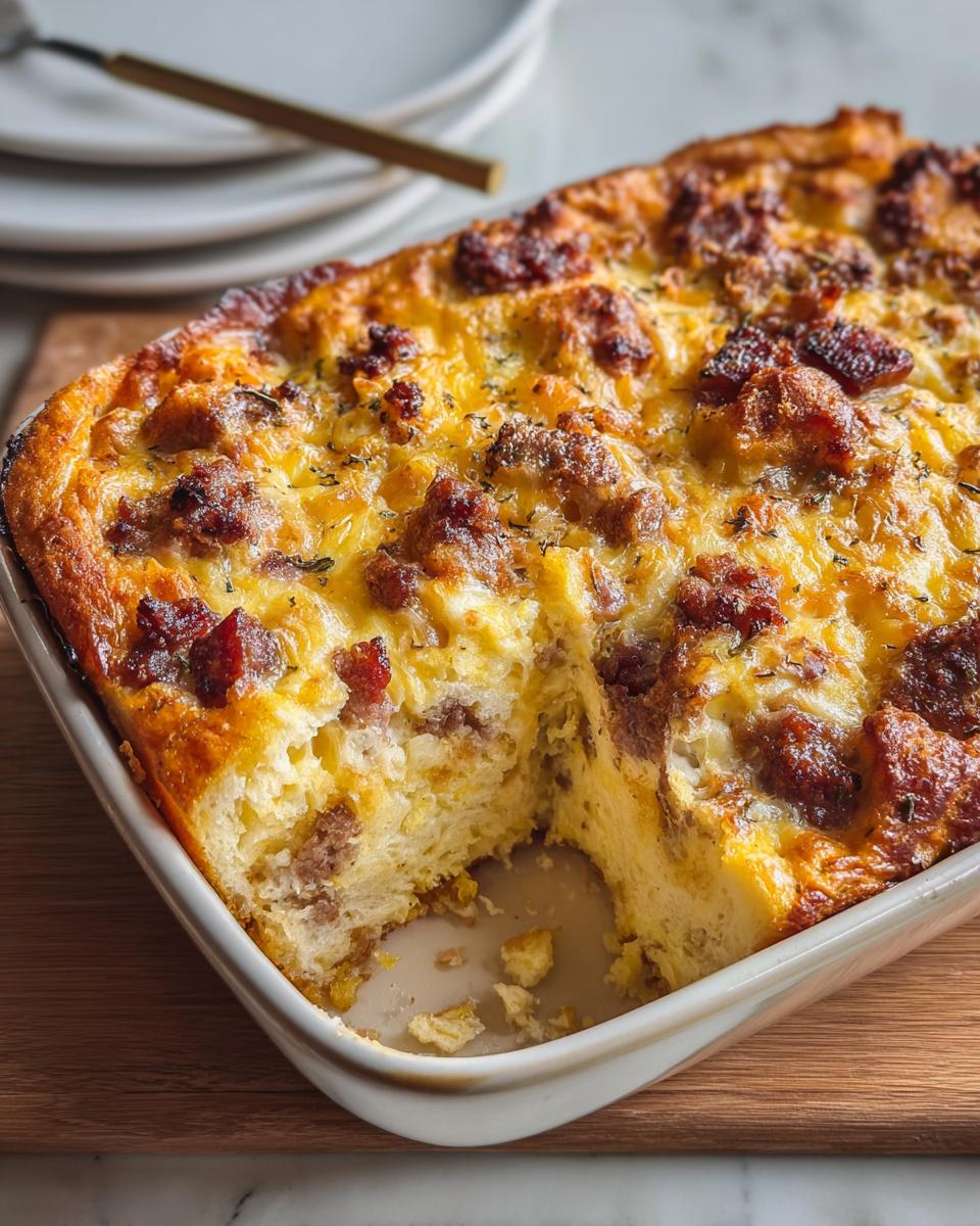 Close-up of the Best Sausage Egg Breakfast Casserole in a white baking dish with a serving removed.