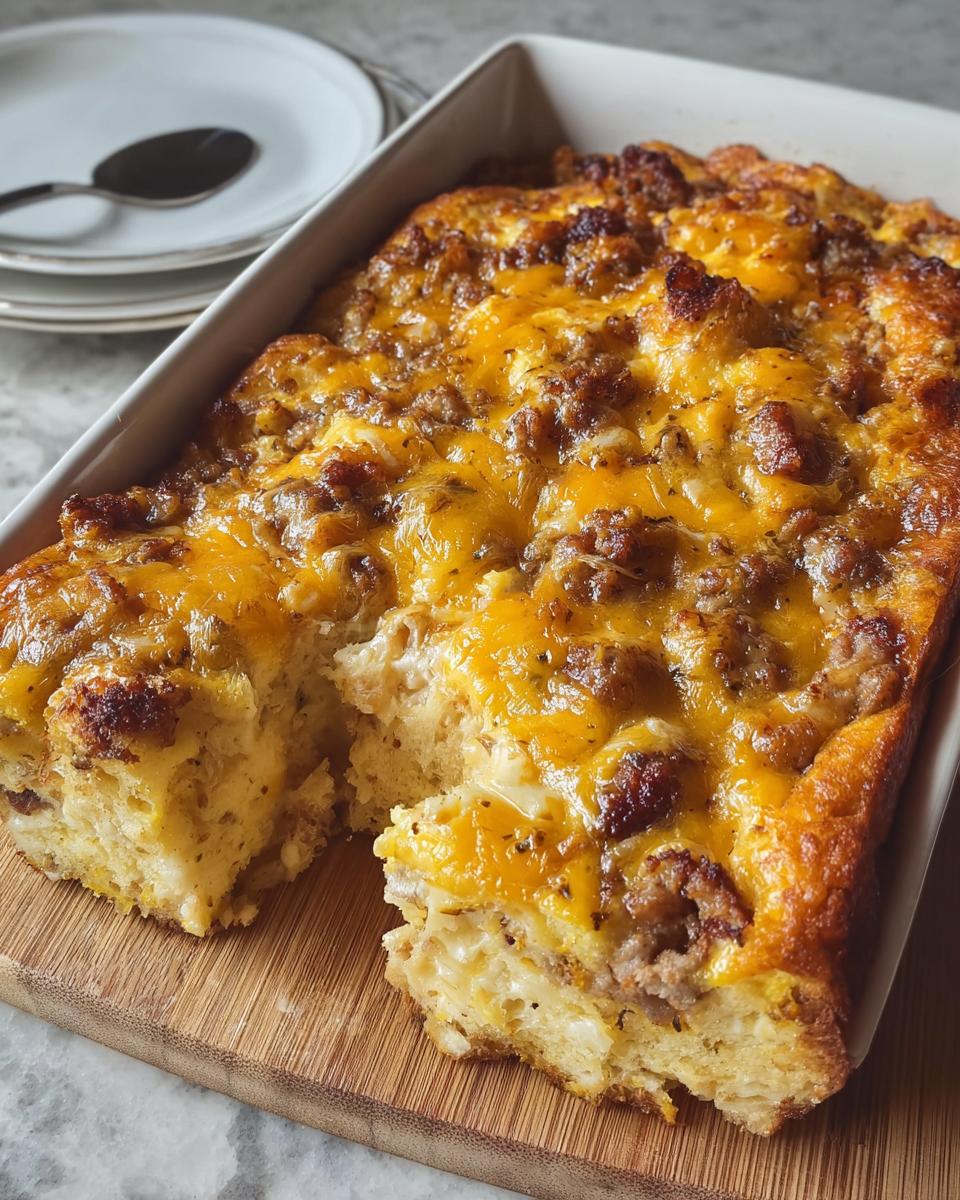 Close-up of a freshly baked Sausage Egg Breakfast Casserole with melted cheddar cheese and sausage crumbles.