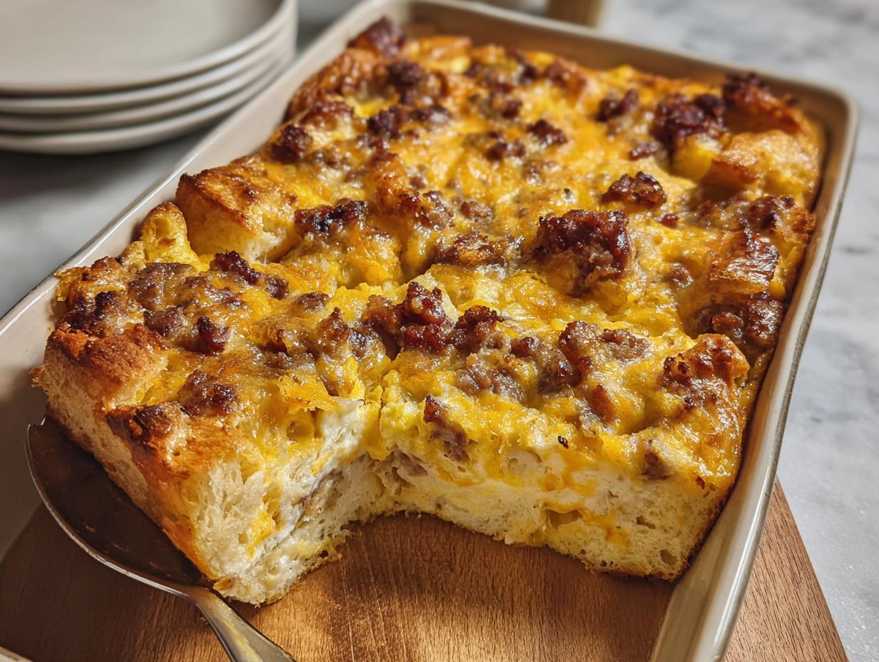 A close-up of the Best Sausage Egg Breakfast Casserole, golden brown with melted cheese and sausage crumbles.