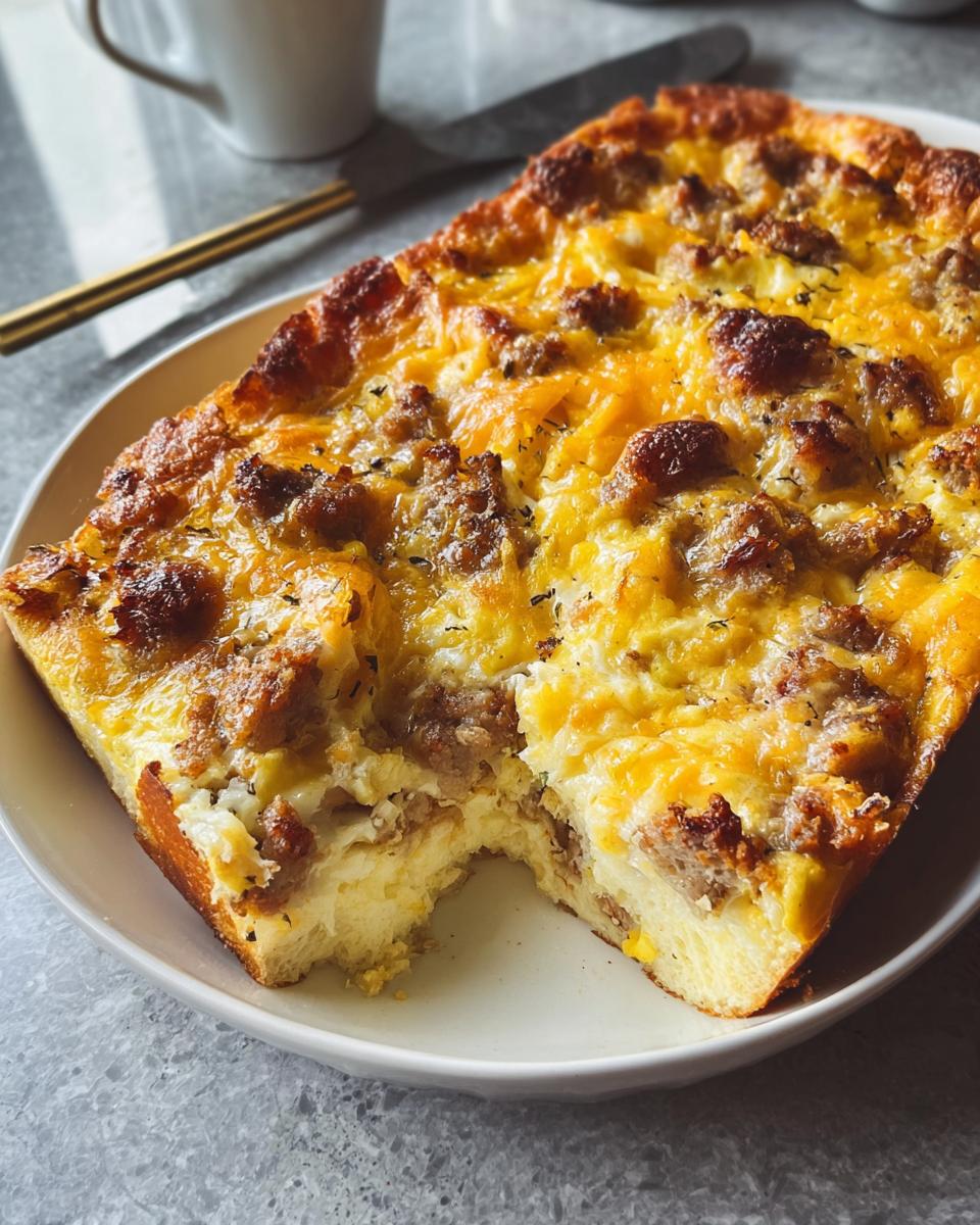 A golden-brown slice of the Best Sausage Egg Breakfast Casserole with melted cheese and visible sausage pieces.