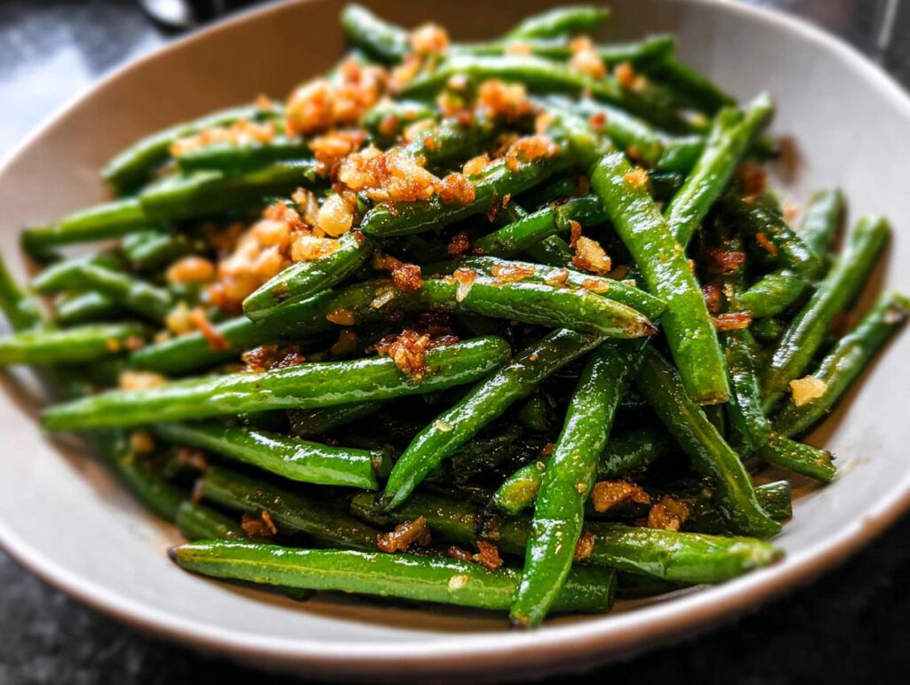 Close-up of Best Thanksgiving Green Beans 2025, glistening and topped with crispy fried shallots.