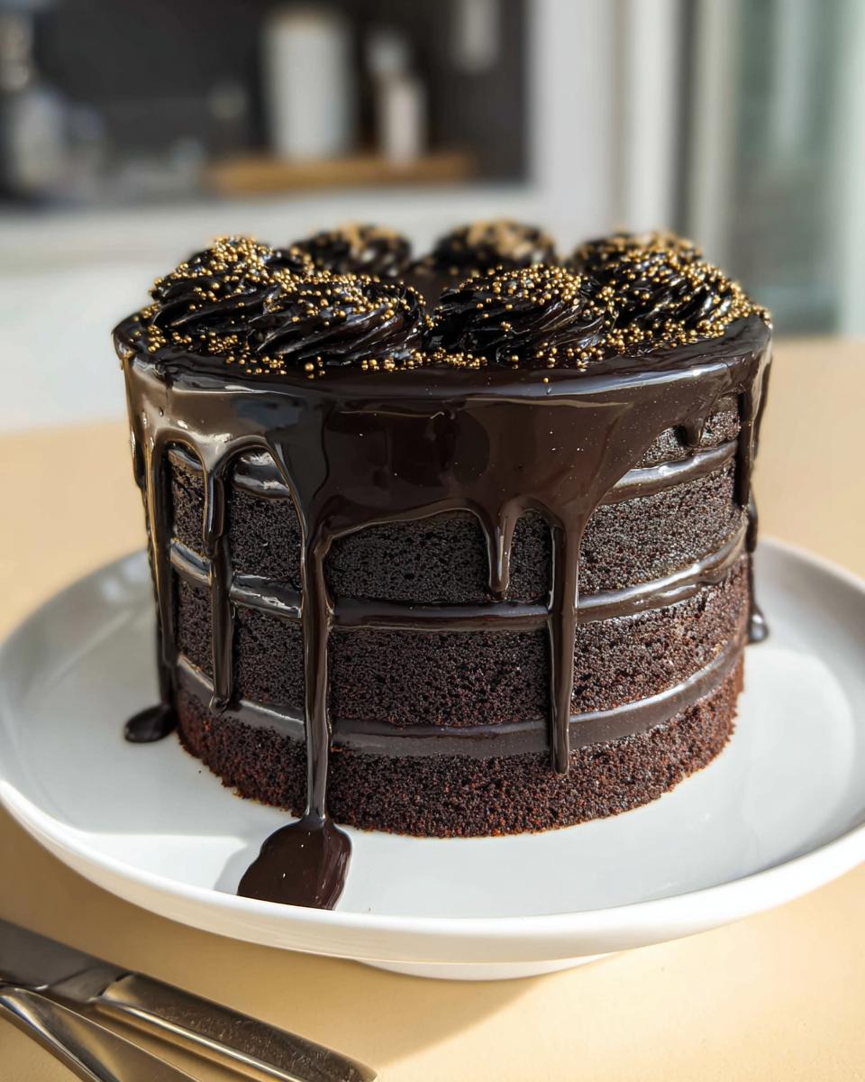 A decadent Black and Gold Drip Cake featuring dark chocolate layers, glossy ganache drip, and gold sprinkles on top.