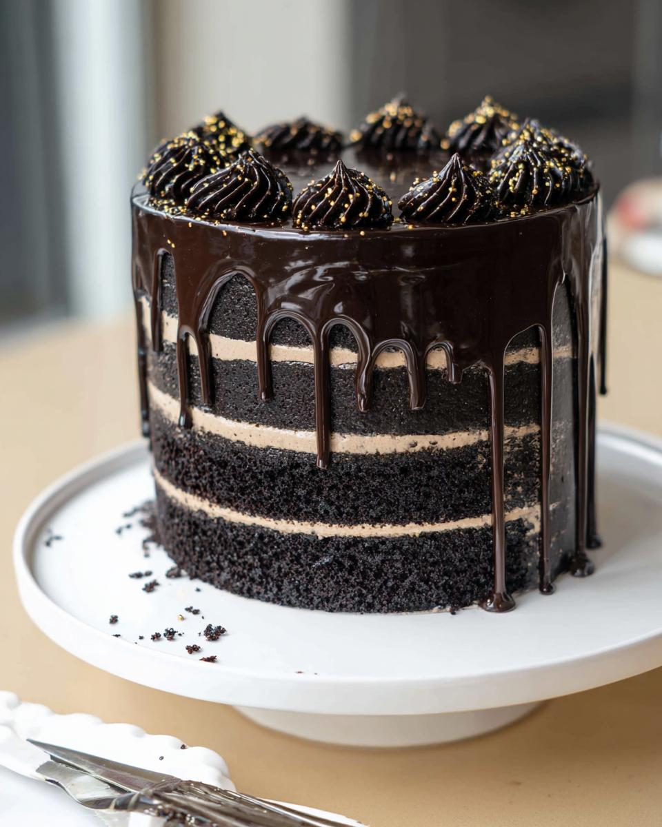 A tall, three-layer chocolate cake featuring a rich dark chocolate ganache drip and gold sprinkles on top, a perfect Black and Gold Drip Cake.
