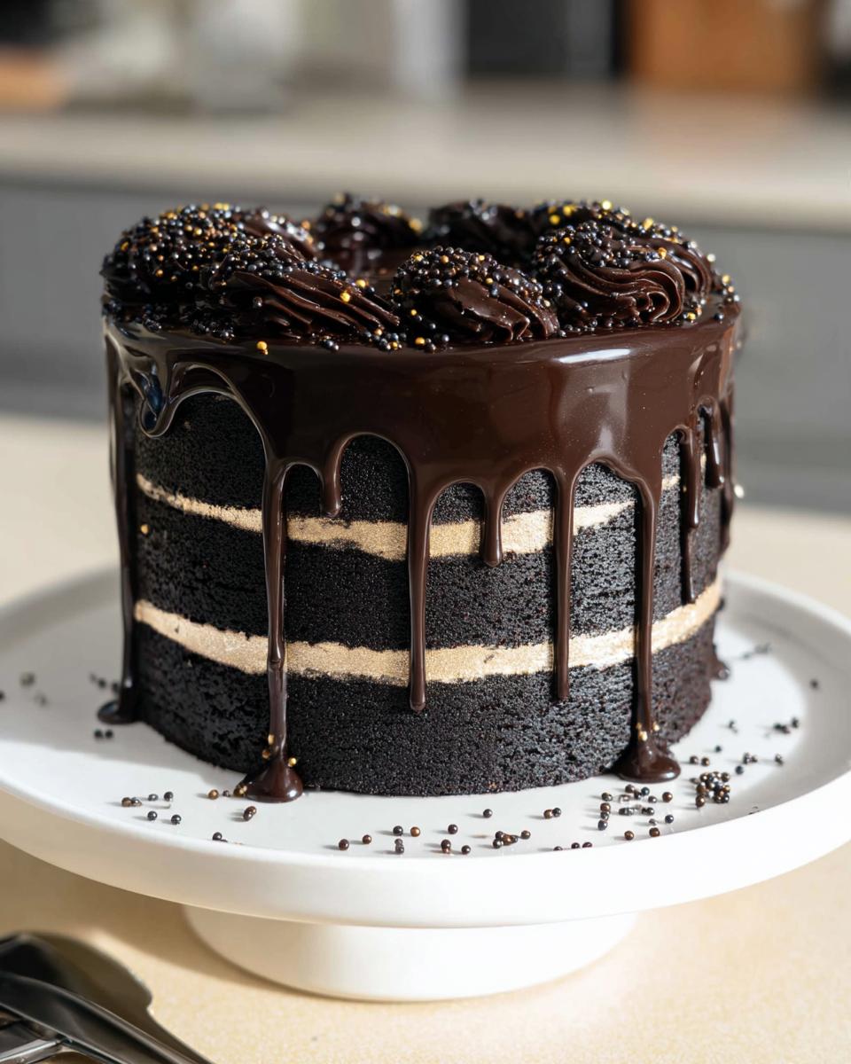 A rich, dark chocolate Black and Gold Drip Cake with visible layers, topped with chocolate ganache drips and gold/black sprinkles.