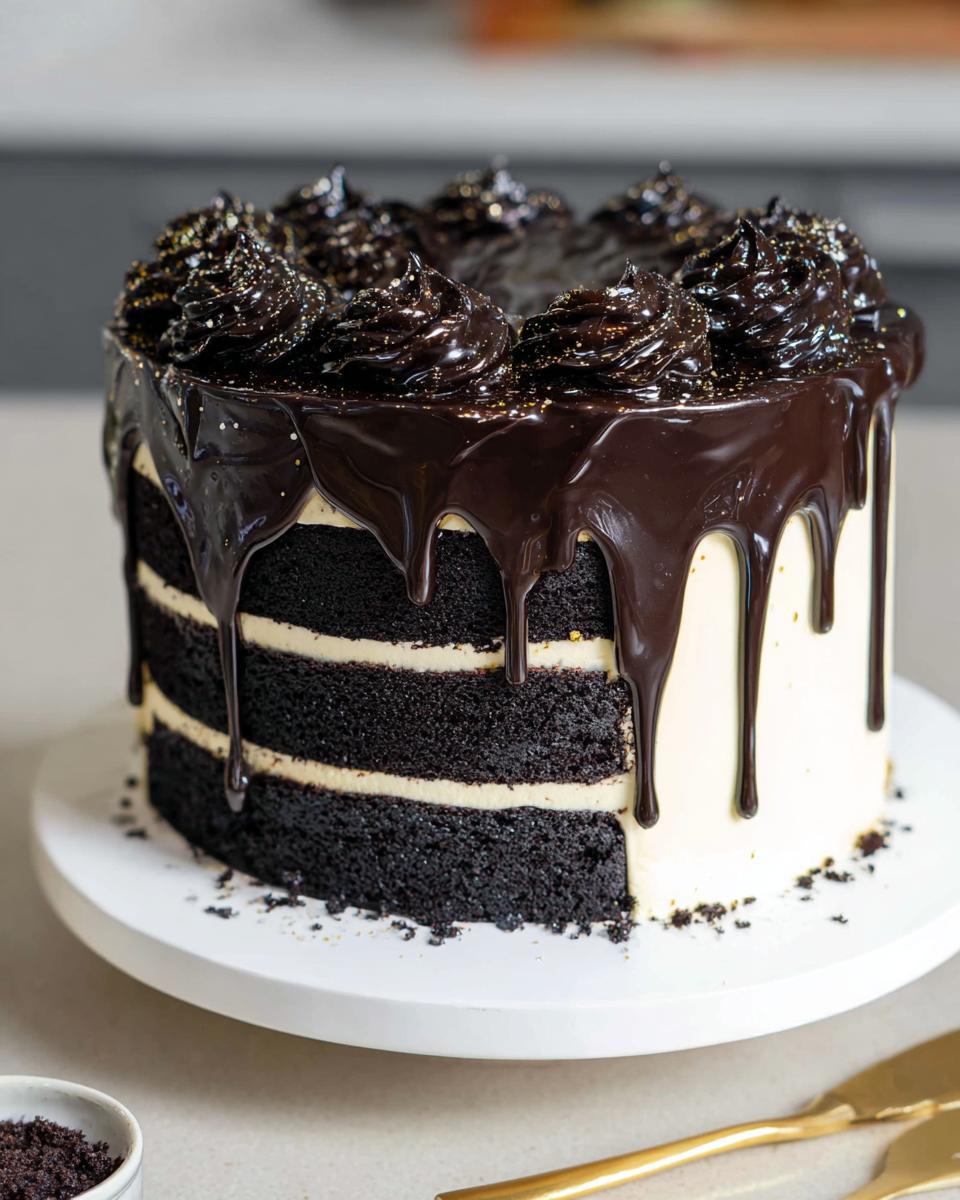 A decadent Black and Gold Drip Cake featuring dark chocolate layers, white frosting, and glossy chocolate ganache dripping down the sides.