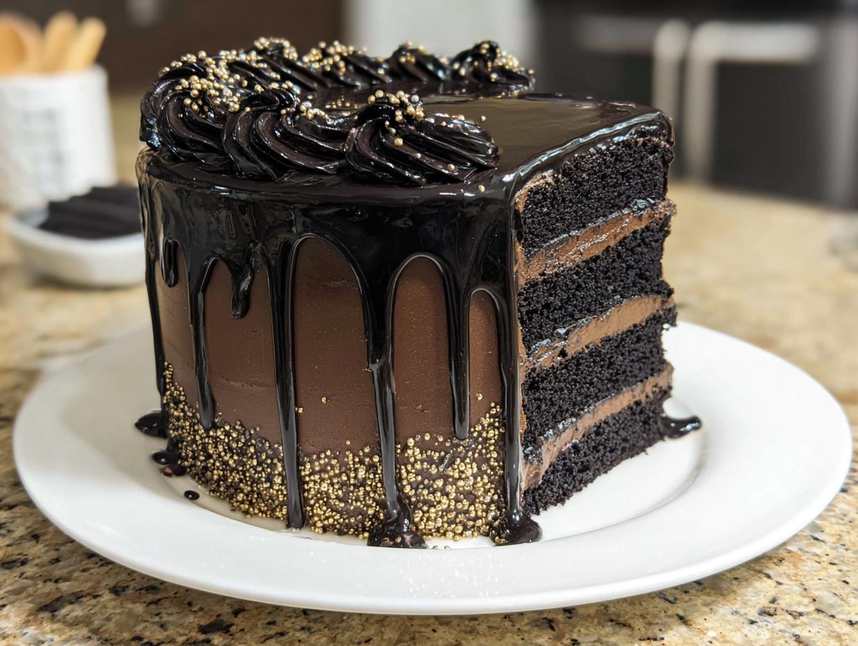 A slice of a decadent Black and Gold Drip Cake showing three layers of dark chocolate cake and chocolate frosting.