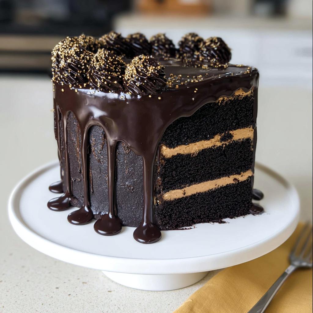 A slice cut from a rich, dark chocolate Black and Gold Drip Cake showing layers of cake and peanut butter filling.