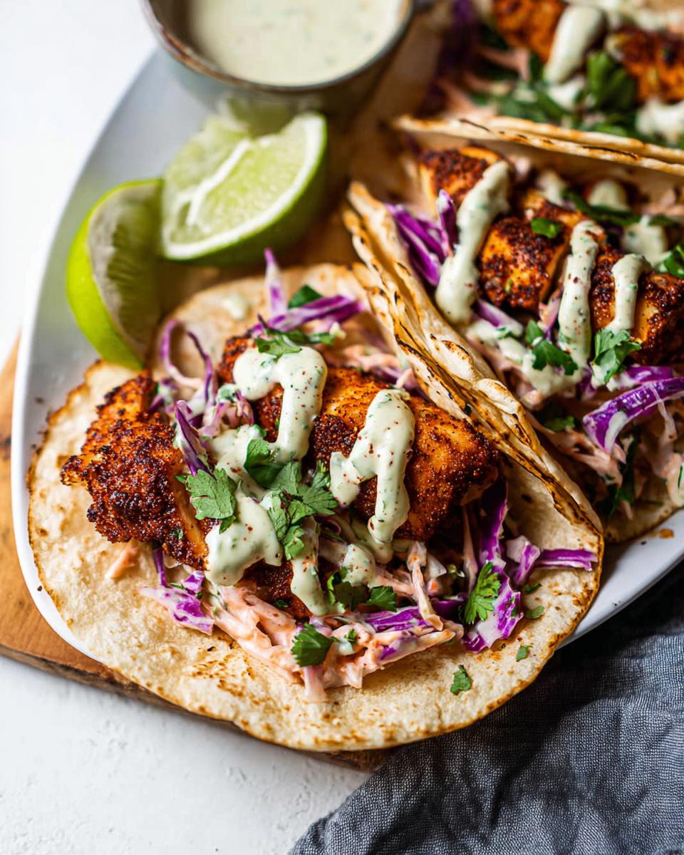 Close-up of two flavorful Blackened Salmon Tacos topped with red cabbage slaw and drizzled with a light green sauce.