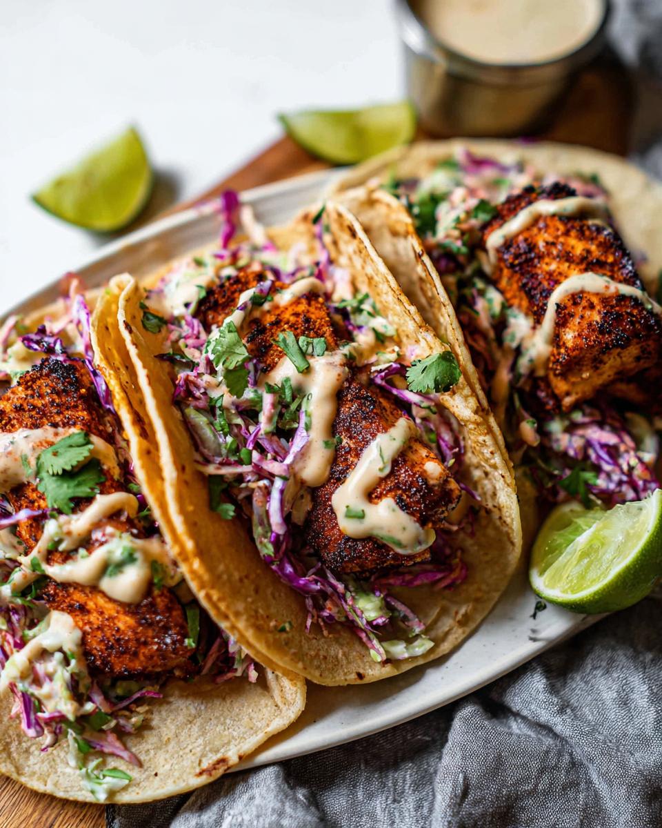 Three delicious Blackened Salmon Tacos filled with blackened fish, purple cabbage slaw, and drizzled with sauce.