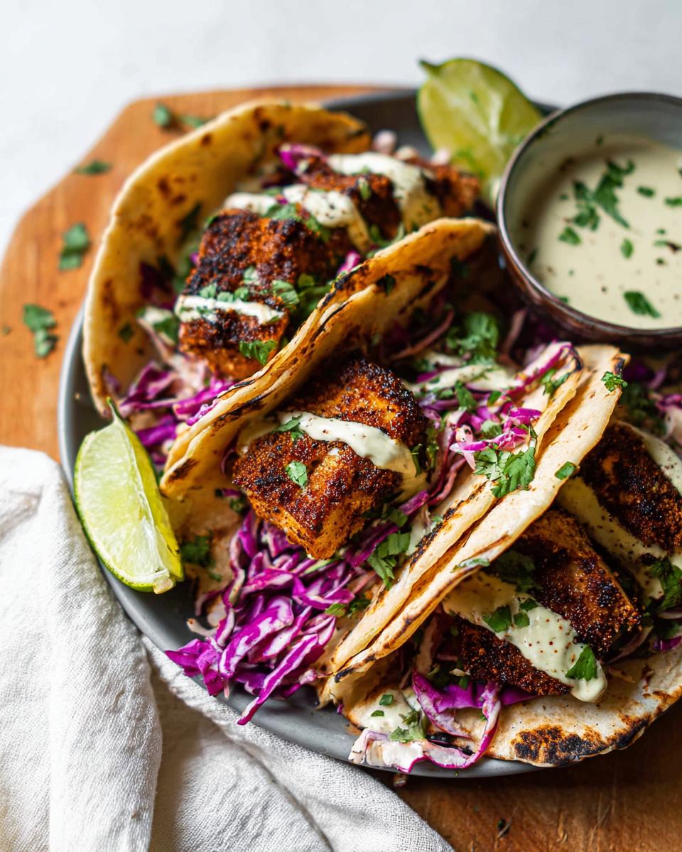 Three delicious Blackened Salmon Tacos filled with blackened fish, purple cabbage slaw, and drizzled with a creamy sauce.