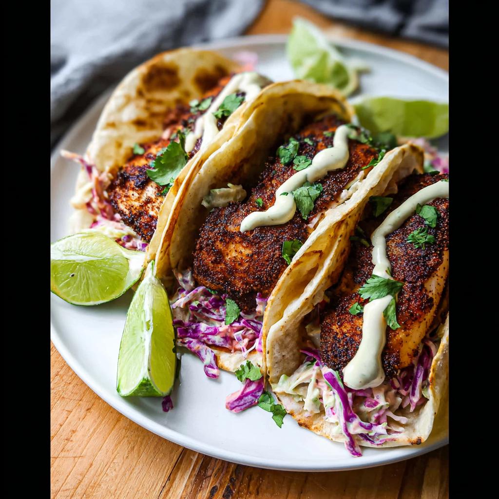 Three delicious Blackened Salmon Tacos filled with spicy fish, purple cabbage slaw, and drizzled with white sauce.