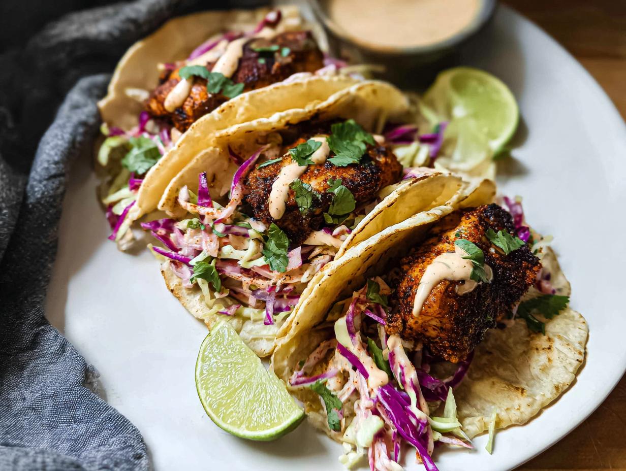 Three soft tortilla Blackened Salmon Tacos filled with blackened fish, purple slaw, and drizzled with sauce.