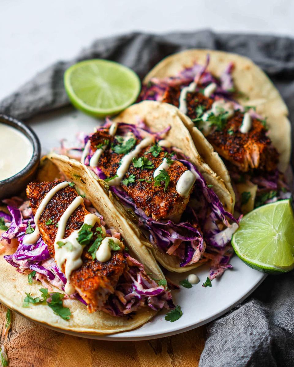 Close-up of three Blackened Salmon Tacos filled with red cabbage slaw, drizzled with white sauce, and garnished with lime wedges.