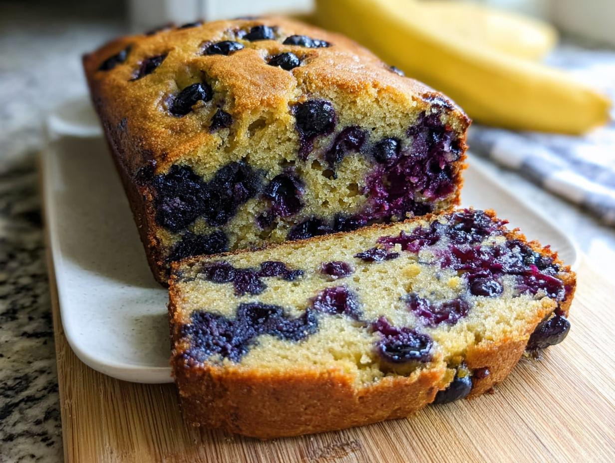 A close-up of a freshly baked Blueberry Banana Bread loaf, with one thick slice cut and resting beside it, showing juicy blueberries.