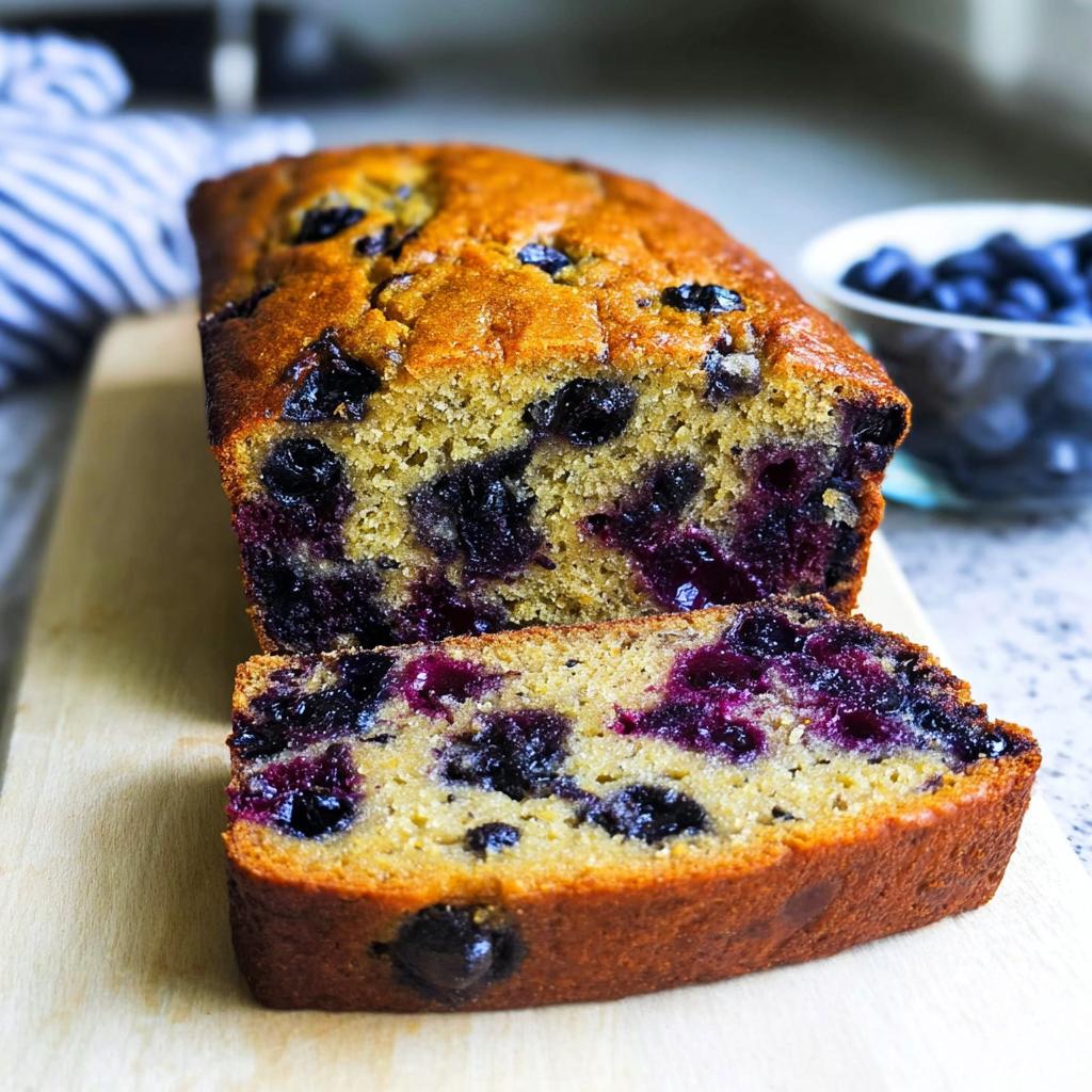 A loaf of Blueberry Banana Bread sliced on a wooden board, showing moist texture and abundant blueberries.