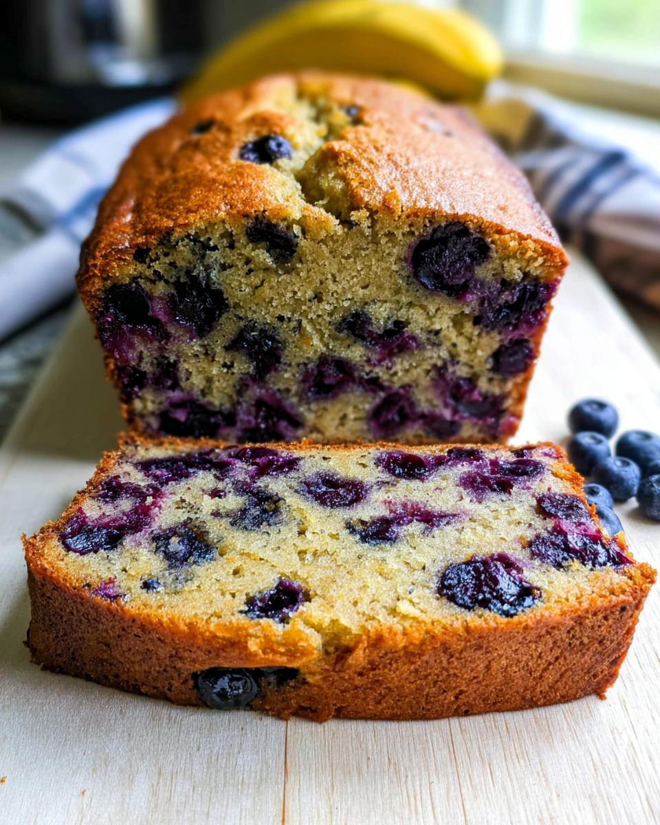 A close-up of a slice cut from a loaf of moist Blueberry Banana Bread, packed with blueberries.
