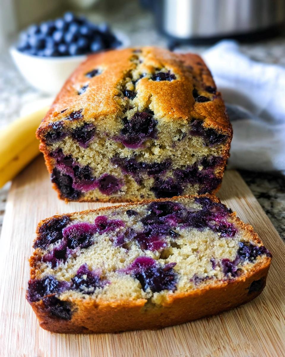 A loaf of freshly baked Blueberry Banana Bread, sliced to show the moist interior packed with blueberries.