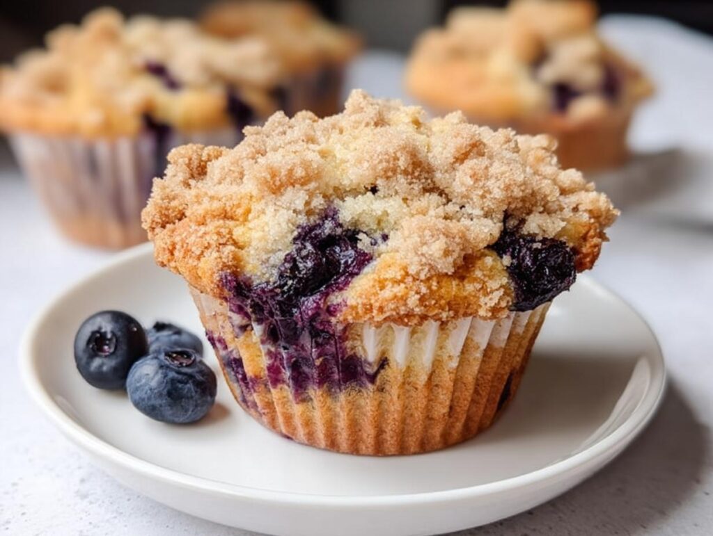 A close-up of a perfect Blueberry Muffin Like a Bakery, featuring a crumbly streusel top and bursting blueberries.