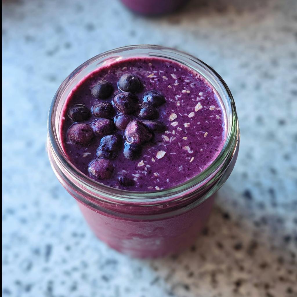 Close-up overhead view of a vibrant purple Blueberry Oat Breakfast Smoothie topped with whole blueberries and oats.