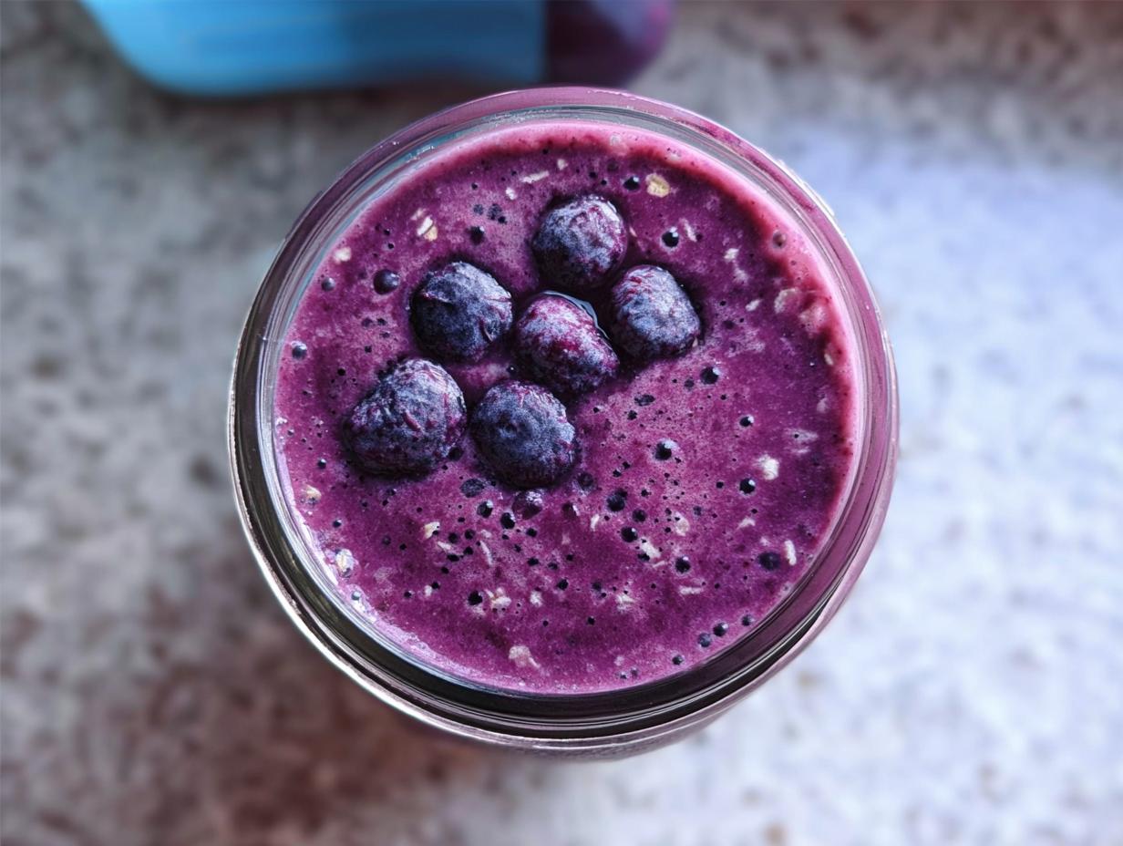 Overhead view of a vibrant purple Blueberry Oat Breakfast Smoothie topped with whole blueberries in a glass jar.