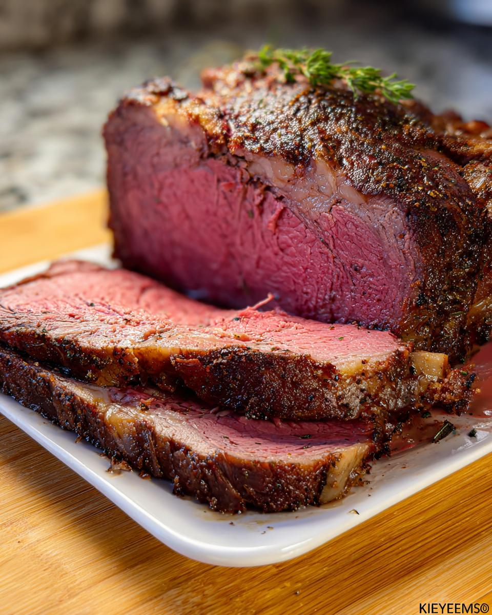 Close-up of a perfectly cooked Boneless Prime Rib, sliced to reveal a medium-rare pink center and seasoned crust.