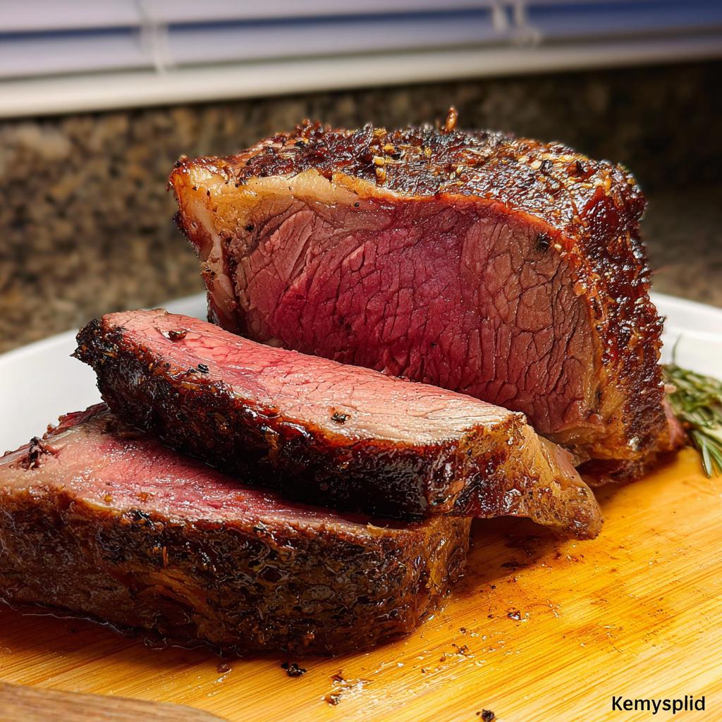 Close-up of a perfectly cooked Boneless Prime Rib, sliced to show medium-rare interior and dark, seasoned crust.