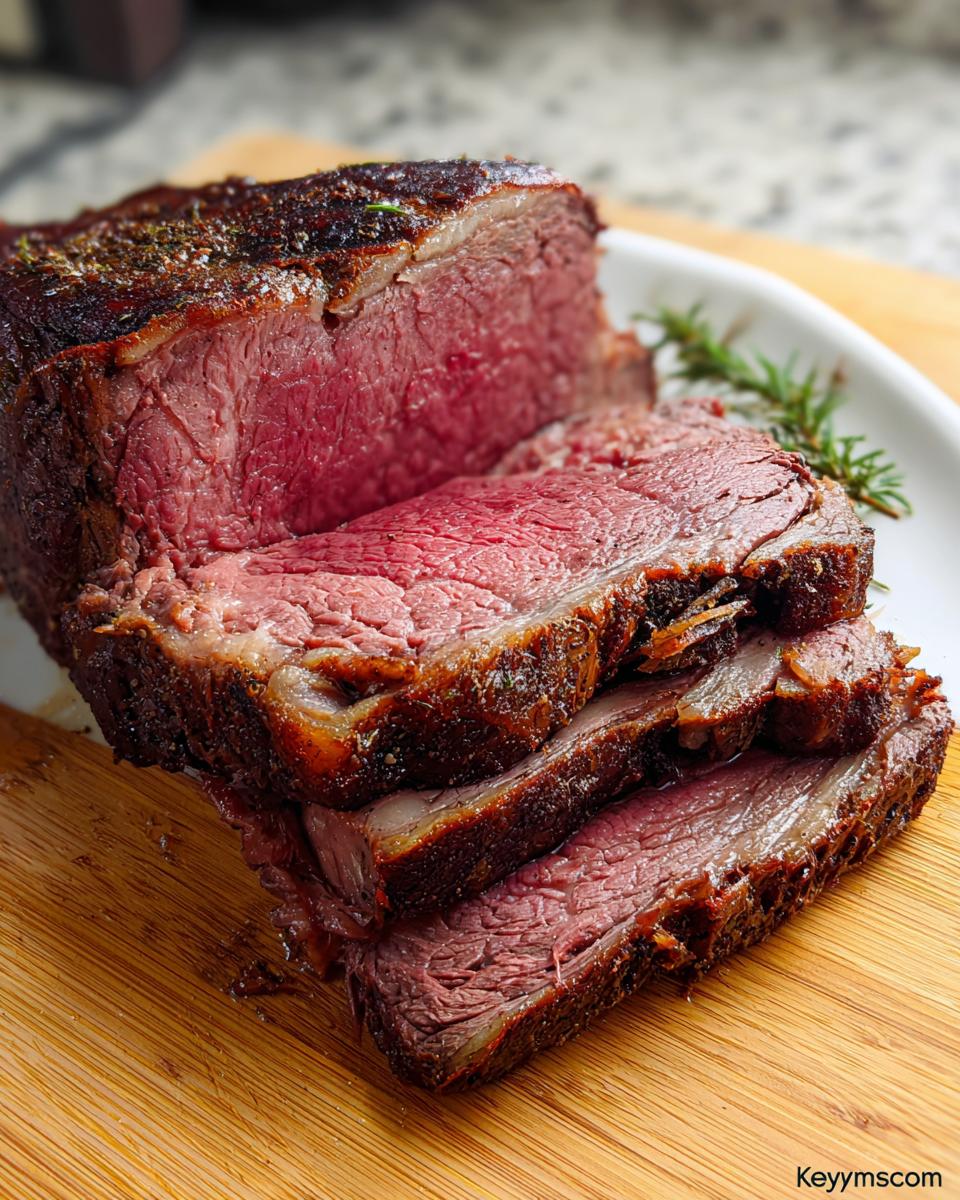 Close-up of perfectly cooked, medium-rare Boneless Prime Rib sliced on a wooden board with rosemary garnish.