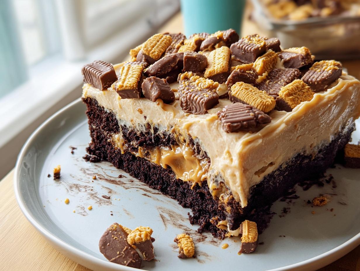 Slice of rich chocolate cake with peanut butter frosting, topped with peanut butter cups and cookies, showing a Box Mix Glow-Up.