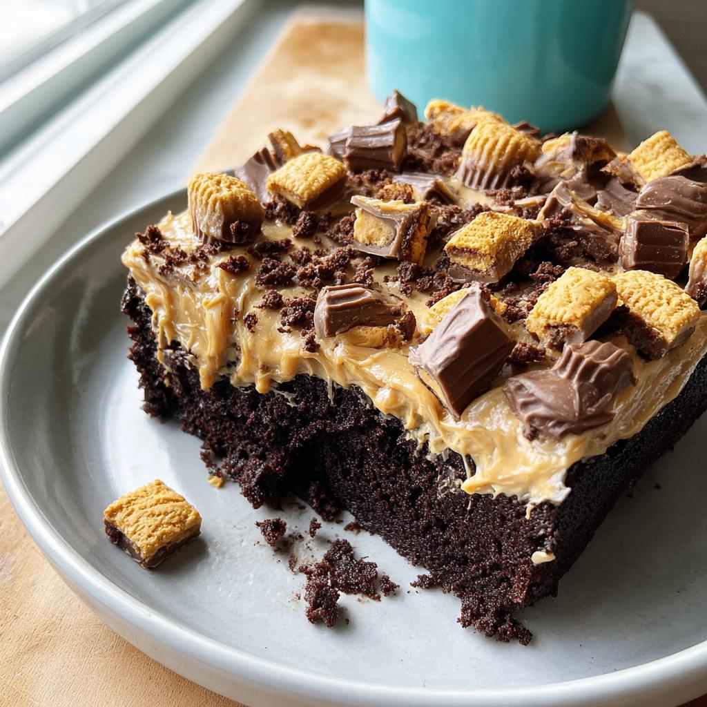 A rich chocolate brownie slice topped with peanut butter frosting and chopped peanut butter cups, demonstrating a Box Mix Glow-Up.