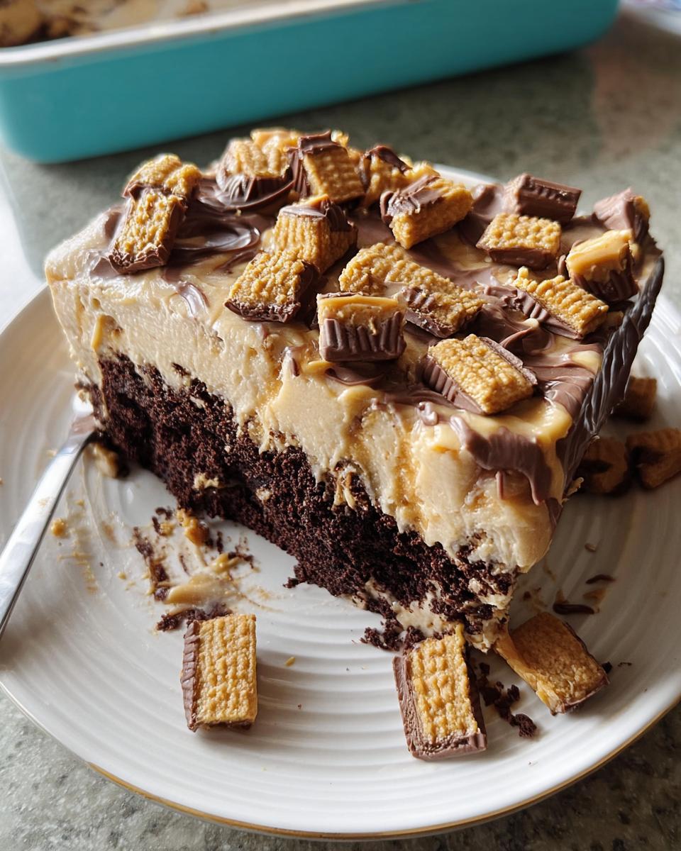 A rich slice of chocolate cake with thick peanut butter frosting, drizzled with chocolate, and topped with chopped peanut butter cups, showing a Box Mix Glow-Up.
