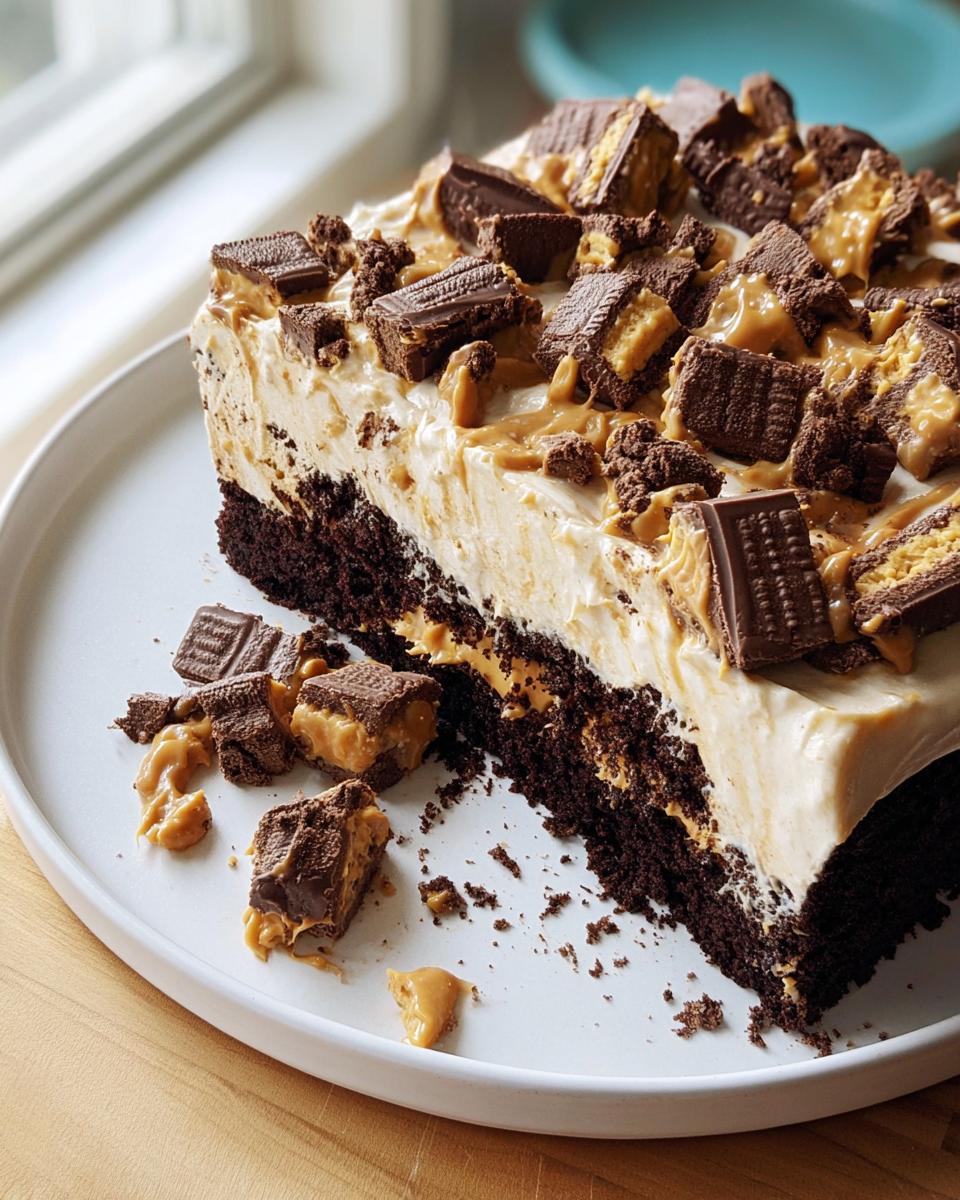 A rich slice of chocolate cake with peanut butter frosting, topped with chopped peanut butter cups, showing a Box Mix Glow-Up: Fancy Finishes.