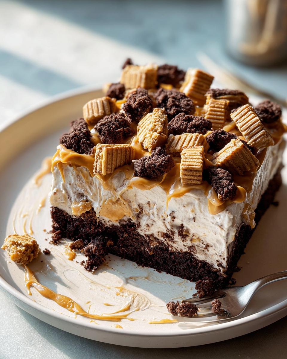 A decadent slice of chocolate dessert with a thick creamy layer, drizzled with peanut butter sauce and topped with peanut butter cups for a Box Mix Glow-Up.