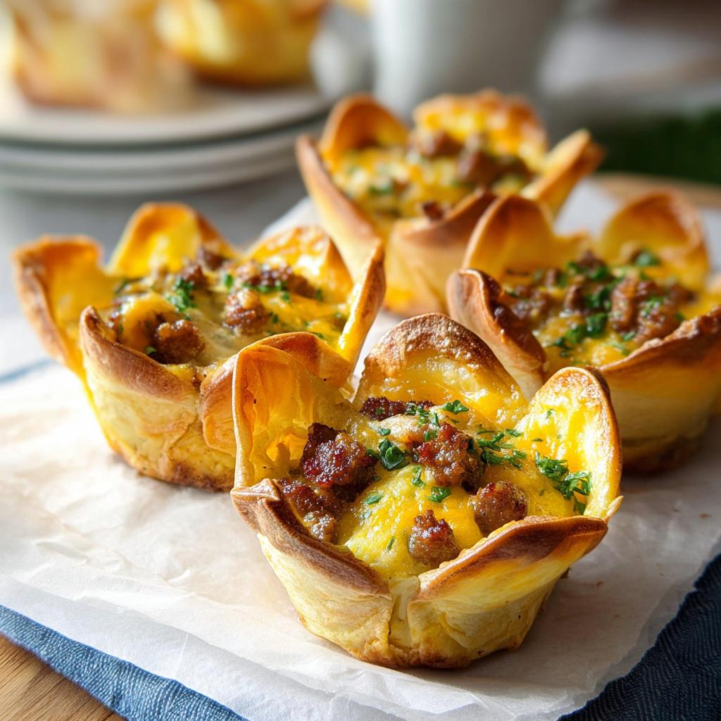 Close-up of delicious breakfast ideas recipe egg cups filled with scrambled eggs, sausage, and cheese, topped with parsley.